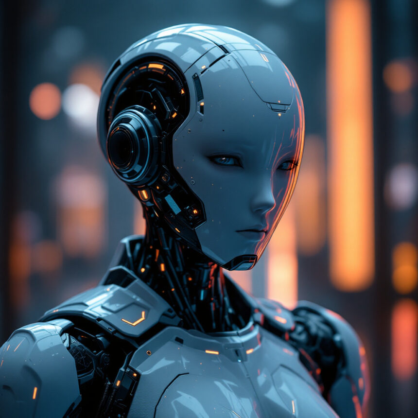 En slank, futuristisk humanoid robot med OpenClaw-teknologi står i et blødt oplyst, højteknologisk miljø med en glat metaloverflade og subtile, glødende detaljer oplyst af orange og blåt lys. - Kunstig intelligens AI