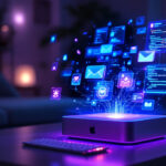 En lysende Apple-computer på et skrivebord projicerer farverige digitale ikoner, herunder e-mail, chat og indstillinger, op i luften. Baggrunden er et blødt oplyst rum med et tastatur og synlige planter. - Kunstig intelligens AI