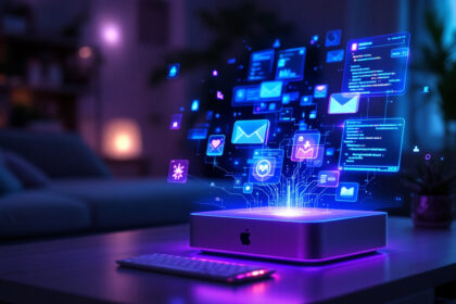 En lysende Apple-computer på et skrivebord projicerer farverige digitale ikoner, herunder e-mail, chat og indstillinger, op i luften. Baggrunden er et blødt oplyst rum med et tastatur og synlige planter. - Kunstig intelligens AI