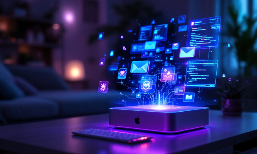 En lysende Apple-computer på et skrivebord projicerer farverige digitale ikoner, herunder e-mail, chat og indstillinger, op i luften. Baggrunden er et blødt oplyst rum med et tastatur og synlige planter. - Kunstig intelligens AI