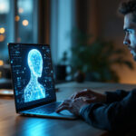 En mand sidder ved et skrivebord i et svagt oplyst rum og fokuserer på en bærbar computer, der viser et lysende digitalt menneskehoved lavet af blå wireframe og kredsløbsmønstre, der antyder kunstig intelligens-teknologi. - Kunstig intelligens AI