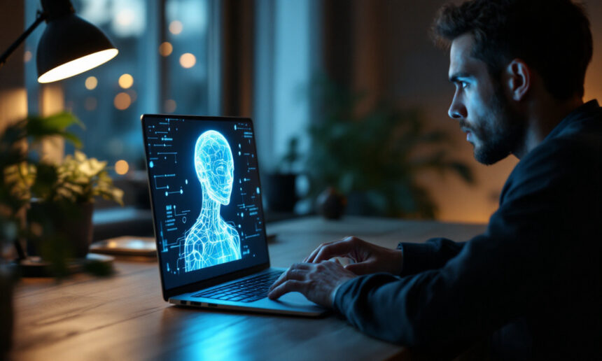En mand sidder ved et skrivebord i et svagt oplyst rum og fokuserer på en bærbar computer, der viser et lysende digitalt menneskehoved lavet af blå wireframe og kredsløbsmønstre, der antyder kunstig intelligens-teknologi. - Kunstig intelligens AI