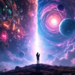 En person med et barn i armene står på en bakketop og ser ud over en surrealistisk scene: en futuristisk by med glødende lys til venstre og en levende kosmisk hvirvel med planeter og skyer til højre, som deler himlen i to. - Kunstig intelligens AI