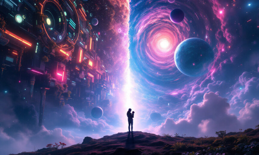 En person med et barn i armene står på en bakketop og ser ud over en surrealistisk scene: en futuristisk by med glødende lys til venstre og en levende kosmisk hvirvel med planeter og skyer til højre, som deler himlen i to. - Kunstig intelligens AI