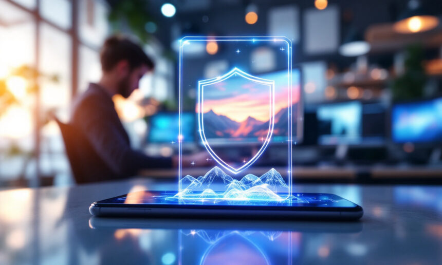 Et lysende digitalt skjold-ikon svæver over en smartphone på et skrivebord og symboliserer cybersikkerhed. I den slørede baggrund arbejder en person ved en computer i et moderne kontormiljø med varm og kølig belysning. - Kunstig intelligens AI