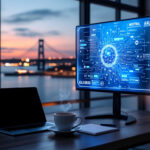 Et skrivebord med en bærbar computer, en kaffekop og en skærm, der viser et digitalt netværksdiagram, står ved et stort vindue med udsigt til en solnedgang og en bro med bylys og et oplyst træ i baggrunden. - Kunstig intelligens AI