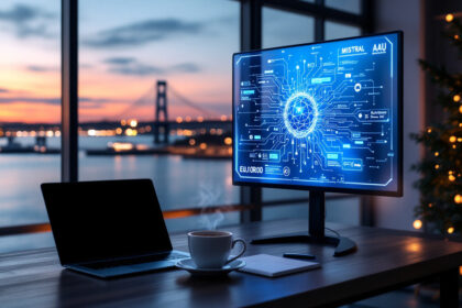 Et skrivebord med en bærbar computer, en kaffekop og en skærm, der viser et digitalt netværksdiagram, står ved et stort vindue med udsigt til en solnedgang og en bro med bylys og et oplyst træ i baggrunden. - Kunstig intelligens AI