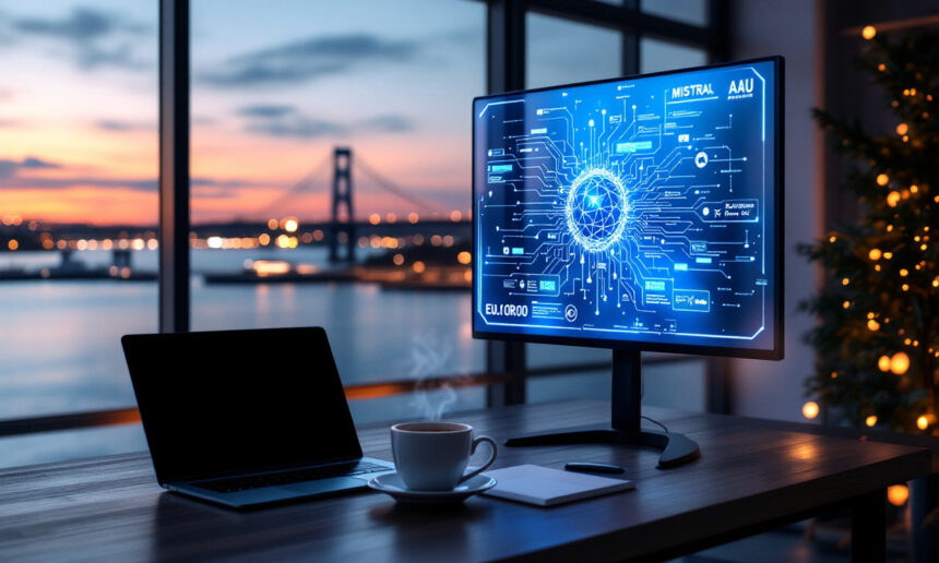 Et skrivebord med en bærbar computer, en kaffekop og en skærm, der viser et digitalt netværksdiagram, står ved et stort vindue med udsigt til en solnedgang og en bro med bylys og et oplyst træ i baggrunden. - Kunstig intelligens AI
