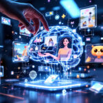 En hånd interagerer med en lysende digital hjerne omgivet af flydende skærme med mennesker, videoopkald og ikoner, der symboliserer kunstig intelligens, teknologi og virtuel kommunikation i et futuristisk miljø. - Kunstig intelligens AI