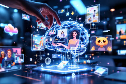 En hånd interagerer med en lysende digital hjerne omgivet af flydende skærme med mennesker, videoopkald og ikoner, der symboliserer kunstig intelligens, teknologi og virtuel kommunikation i et futuristisk miljø. - Kunstig intelligens AI