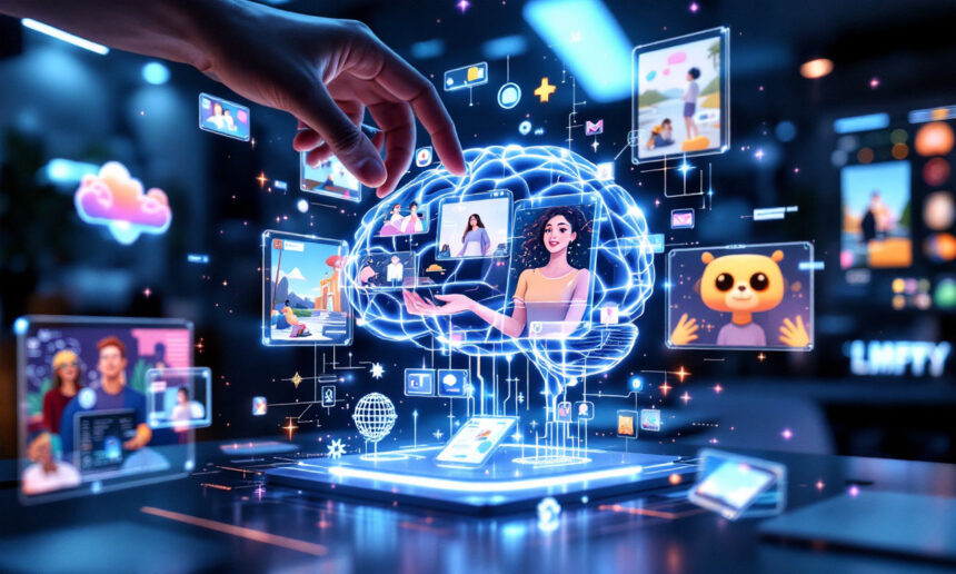 En hånd interagerer med en lysende digital hjerne omgivet af flydende skærme med mennesker, videoopkald og ikoner, der symboliserer kunstig intelligens, teknologi og virtuel kommunikation i et futuristisk miljø. - Kunstig intelligens AI