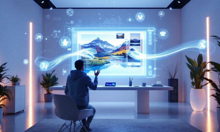 En person interagerer med en stor virtuel skærm, der viser landskaber og digitale ikoner i et moderne, højteknologisk rum med planter, slanke møbler og glødende accentlys. - Kunstig intelligens AI