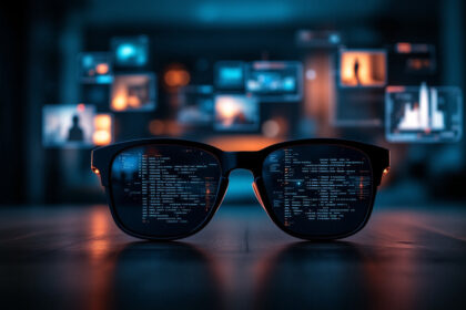 Et par briller ligger på et bord med computerkode reflekteret i glassene. Slørede digitale skærme og datadiagrammer ser ud til at svæve i baggrunden og antyder et højteknologisk eller virtuelt arbejdsområde. - Kunstig intelligens AI