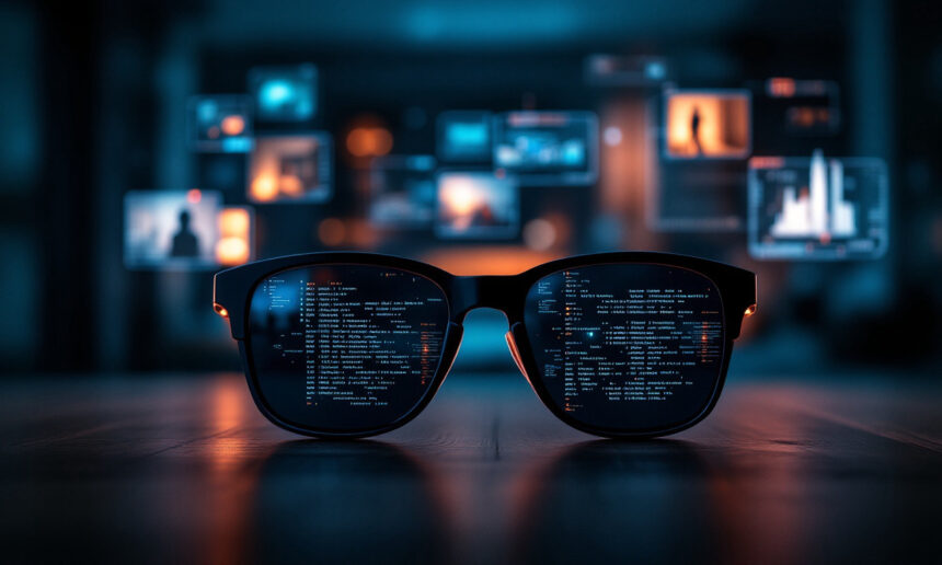 Et par briller ligger på et bord med computerkode reflekteret i glassene. Slørede digitale skærme og datadiagrammer ser ud til at svæve i baggrunden og antyder et højteknologisk eller virtuelt arbejdsområde. - Kunstig intelligens AI