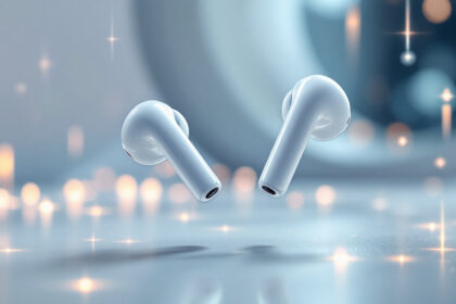 To hvide trådløse ørepropper svæver over en blank overflade med en blød, sløret baggrund og glødende bokeh-lys, der skaber en futuristisk og elegant atmosfære. - Kunstig intelligens AI