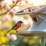 En lille blå og orange fugl sidder på kanten af et hvidt solcelledrevet overvågningskamera med lyserøde blomster og grønne blade sløret i baggrunden. - Kunstig intelligens AI
