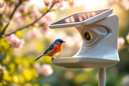En lille blå og orange fugl sidder på kanten af et hvidt solcelledrevet overvågningskamera med lyserøde blomster og grønne blade sløret i baggrunden. - Kunstig intelligens AI
