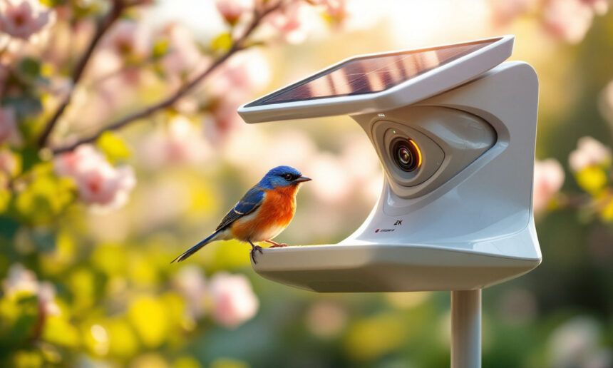 En lille blå og orange fugl sidder på kanten af et hvidt solcelledrevet overvågningskamera med lyserøde blomster og grønne blade sløret i baggrunden. - Kunstig intelligens AI
