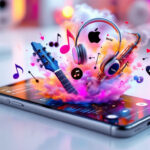 En smartphone på et skrivebord viser farverige musikikoner, en guitar, hovedtelefoner og en saxofon, der dukker op i en sky af lys og musiknoter, som symboliserer levende digital musik og kreativitet. - Kunstig intelligens AI