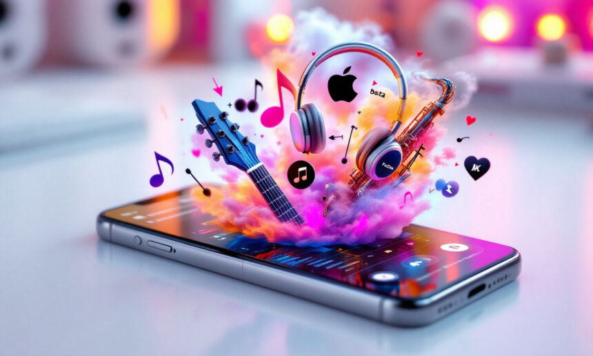 En smartphone på et skrivebord viser farverige musikikoner, en guitar, hovedtelefoner og en saxofon, der dukker op i en sky af lys og musiknoter, som symboliserer levende digital musik og kreativitet. - Kunstig intelligens AI