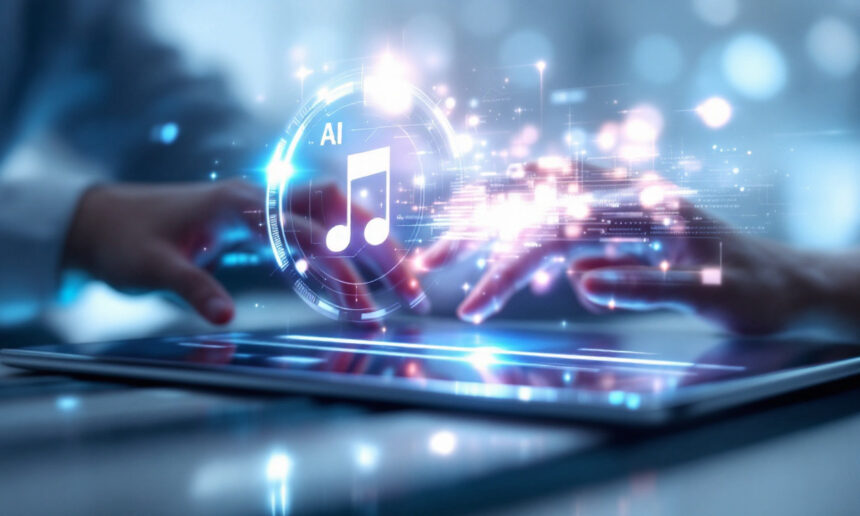 To hænder interagerer med en digital tablet, der viser lysende noder og bogstaverne AI, som symboliserer kunstig intelligens i musikskabelse, med futuristiske lyseffekter og digitale interface-elementer. - Kunstig intelligens AI