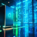En lysende server med et Apple-logo står i et futuristisk datacenter, omgivet af oplyste blå og grønne kredsløb og digitale paneler. - Kunstig intelligens AI