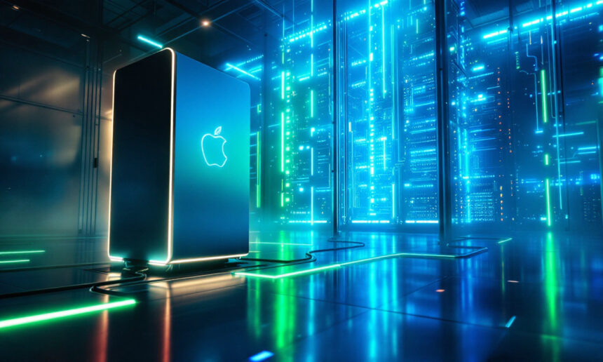 En lysende server med et Apple-logo står i et futuristisk datacenter, omgivet af oplyste blå og grønne kredsløb og digitale paneler. - Kunstig intelligens AI