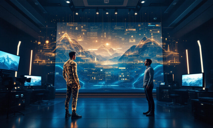 To mænd står i et højteknologisk rum med store digitale skærme, der viser holografiske bjerge og data. Den ene mand er iført lysende, futuristisk tøj, mens den anden er klædt i almindeligt tøj. Der er computerskærme i begge sider af lokalet. - Kunstig intelligens AI