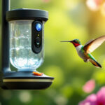 En kolibri svæver nær en moderne foderautomat med et kamera, omgivet af lysegrønne blade og lyserøde blomster i blødt sollys. - Kunstig intelligens AI