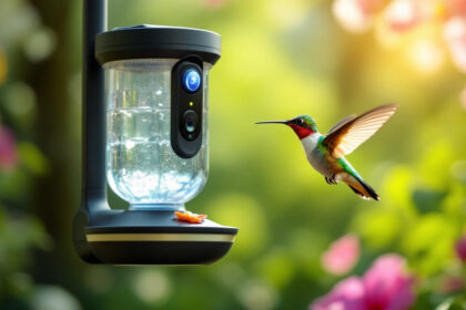 En kolibri svæver nær en moderne foderautomat med et kamera, omgivet af lysegrønne blade og lyserøde blomster i blødt sollys. - Kunstig intelligens AI