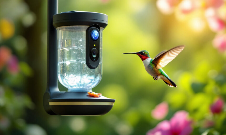En kolibri svæver nær en moderne foderautomat med et kamera, omgivet af lysegrønne blade og lyserøde blomster i blødt sollys. - Kunstig intelligens AI