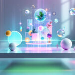 En svævende platform viser holografiske planter, kugler og ikoner i et pastelfarvet rum med potteplanter. Scenen har levende lysende effekter og en futuristisk, digital atmosfære. - Kunstig intelligens AI