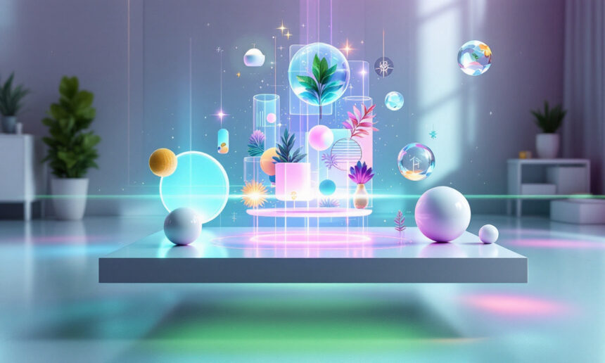 En svævende platform viser holografiske planter, kugler og ikoner i et pastelfarvet rum med potteplanter. Scenen har levende lysende effekter og en futuristisk, digital atmosfære. - Kunstig intelligens AI