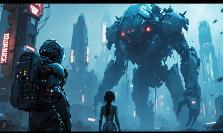 Et futuristisk bybillede med en gigantisk robot, der konfronterer to pansrede figurer - en stor og en lille - blandt høje, oplyste bygninger og blå tåge. Robottens røde øjne lyser truende i den dystopiske scene. - Kunstig intelligens AI