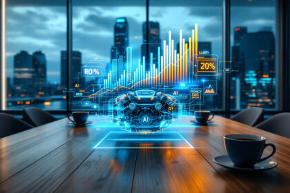 Et futuristisk konferencelokale med et digitalt AI-hologram og datagrammer, der svæver over et bord, omgivet af kaffekopper, med et bybillede, der kan ses gennem store vinduer i baggrunden. - Kunstig intelligens AI