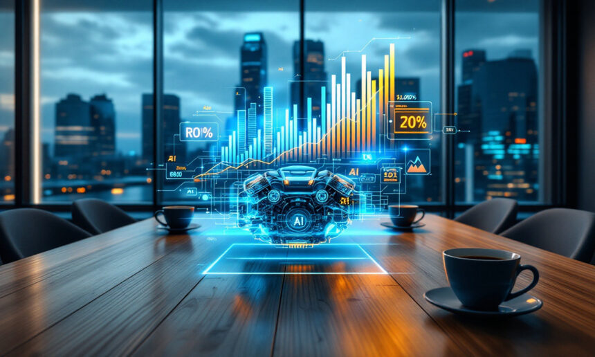 Et futuristisk konferencelokale med et digitalt AI-hologram og datagrammer, der svæver over et bord, omgivet af kaffekopper, med et bybillede, der kan ses gennem store vinduer i baggrunden. - Kunstig intelligens AI