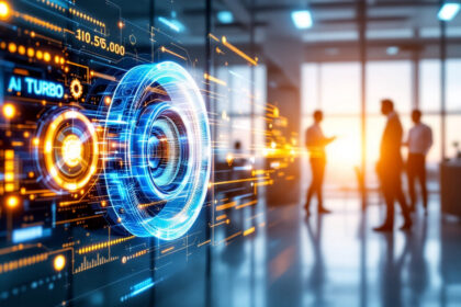 En digital grænseflade med lysende blå og orange AI-grafik vises på glas, mens fire personer står og taler i et moderne kontor med sollys, der strømmer ind gennem store vinduer i baggrunden. - Kunstig intelligens AI