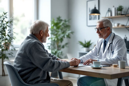 En ældre mand sidder ved et skrivebord over for en smilende læge i hvid kittel. De fører en venlig samtale i et lyst, moderne kontor med planter og hylder i baggrunden. - Kunstig intelligens AI