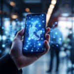 En hånd holder en smartphone, der viser et digitalt kort over Storbritannien med lysende blå netværksforbindelser, i et moderne kontormiljø med slørede mennesker i baggrunden. - Kunstig intelligens AI
