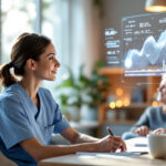En sundhedsperson i kittel skriver ved et skrivebord med digitale grafer og data projiceret op i luften, mens en ældre patient sidder i baggrunden på et lyst, moderne kontor. - Kunstig intelligens AI