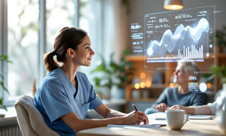 En sundhedsperson i kittel skriver ved et skrivebord med digitale grafer og data projiceret op i luften, mens en ældre patient sidder i baggrunden på et lyst, moderne kontor. - Kunstig intelligens AI