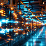 Et stærkt oplyst datacenter fyldt med rækker af serverracks, der lyser op med blå og orange LED-lys og er forbundet med talrige kabler, som skaber en futuristisk og højteknologisk atmosfære. - Kunstig intelligens AI