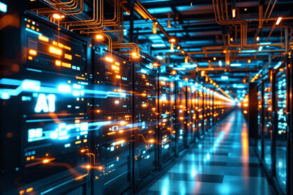 Et stærkt oplyst datacenter fyldt med rækker af serverracks, der lyser op med blå og orange LED-lys og er forbundet med talrige kabler, som skaber en futuristisk og højteknologisk atmosfære. - Kunstig intelligens AI