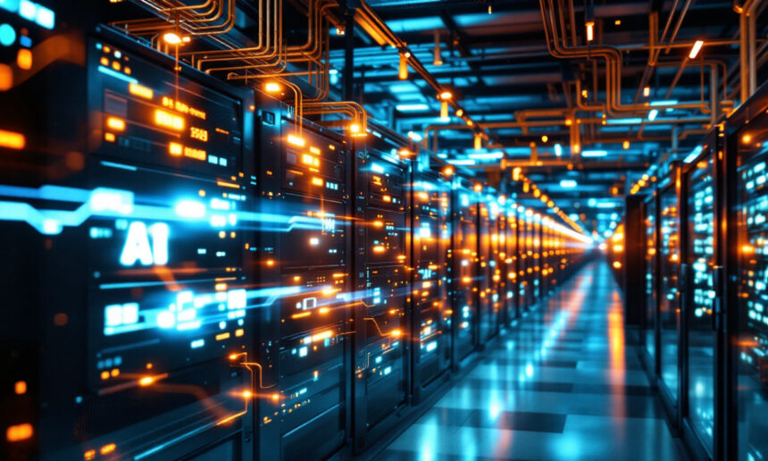 Et stærkt oplyst datacenter fyldt med rækker af serverracks, der lyser op med blå og orange LED-lys og er forbundet med talrige kabler, som skaber en futuristisk og højteknologisk atmosfære. - Kunstig intelligens AI