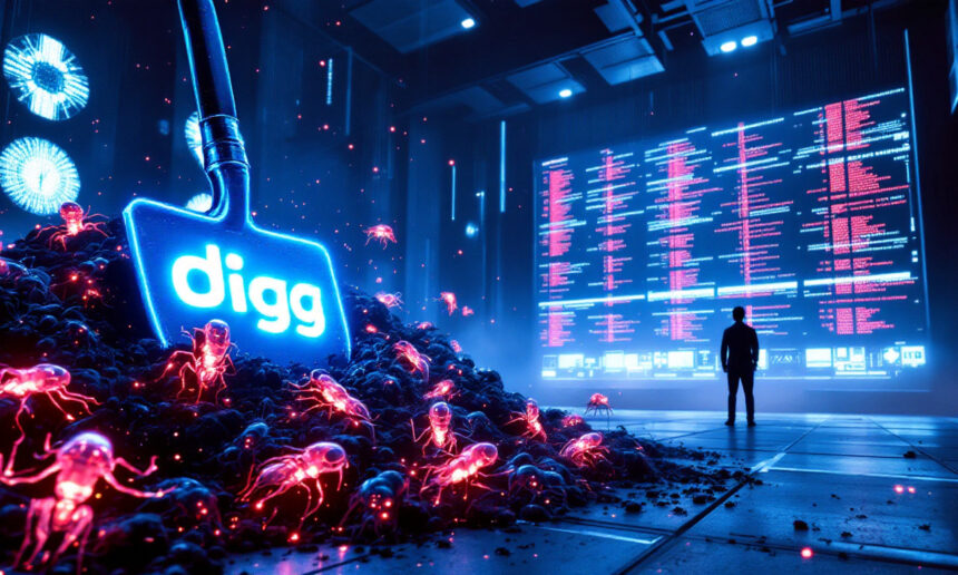 En neonfarvet skovl med påskriften digg står i en bunke glødende affald med røde, vandmandslignende væsener. En person står foran en gigantisk digital skærm fyldt med data i et mørkt, futuristisk rum. - Kunstig intelligens AI