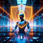 En futuristisk robot sidder ved en digital konsol i et lysende datacenter med et oplyst skjold og et hængelåssymbol bag sig, som repræsenterer cybersikkerhed og databeskyttelse. - Kunstig intelligens AI