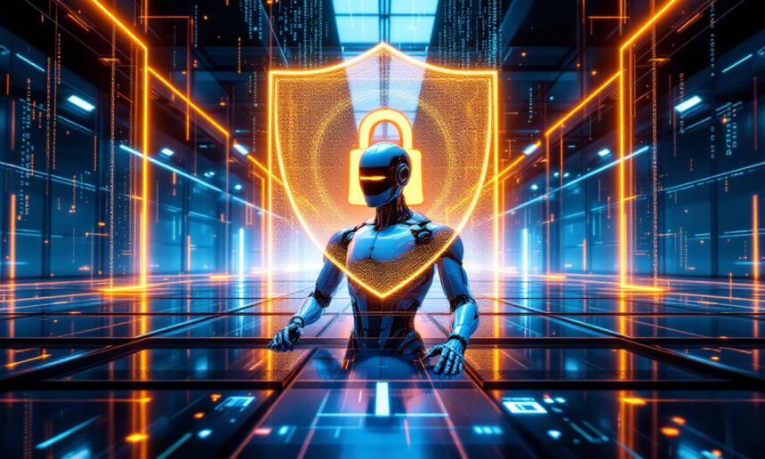 En futuristisk robot sidder ved en digital konsol i et lysende datacenter med et oplyst skjold og et hængelåssymbol bag sig, som repræsenterer cybersikkerhed og databeskyttelse. - Kunstig intelligens AI