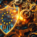 Et lysende skjold med EU's flag, silhuetter af mennesker og digital kode overlejrer en baggrund af tandhjul og kredsløb, der symboliserer cybersikkerhed og databeskyttelse i Den Europæiske Union. - Kunstig intelligens AI