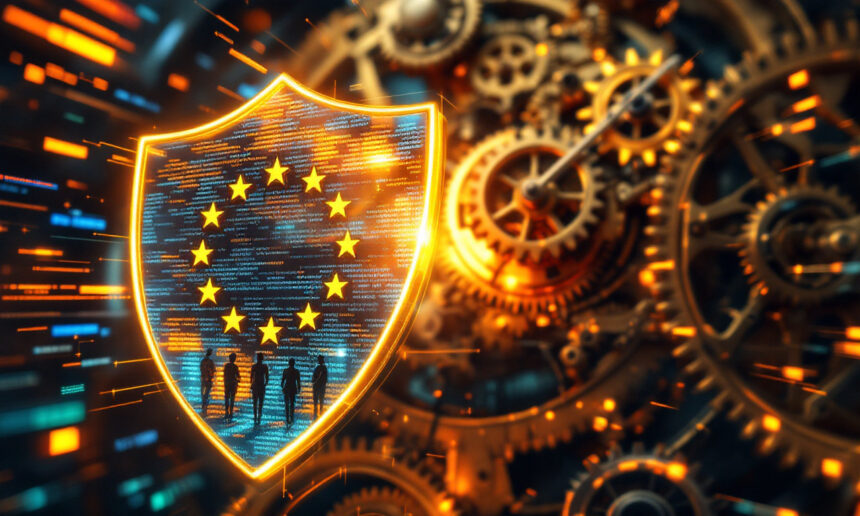 Et lysende skjold med EU's flag, silhuetter af mennesker og digital kode overlejrer en baggrund af tandhjul og kredsløb, der symboliserer cybersikkerhed og databeskyttelse i Den Europæiske Union. - Kunstig intelligens AI