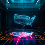 Et højteknologisk konferencelokale med digitale kort over USA på et glasbord og en vægskærm, der begge viser data og koder; U.S. Capitol kan ses uden for vinduet. - Kunstig intelligens AI